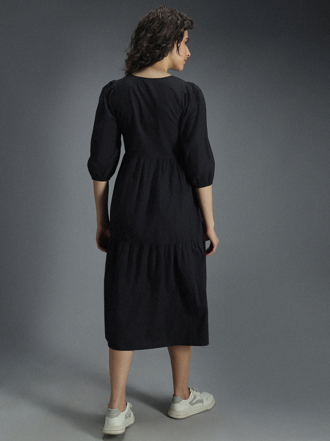 V-Neck Puff Sleeve Gathered Tiered Cotton A-Line Midi Dress