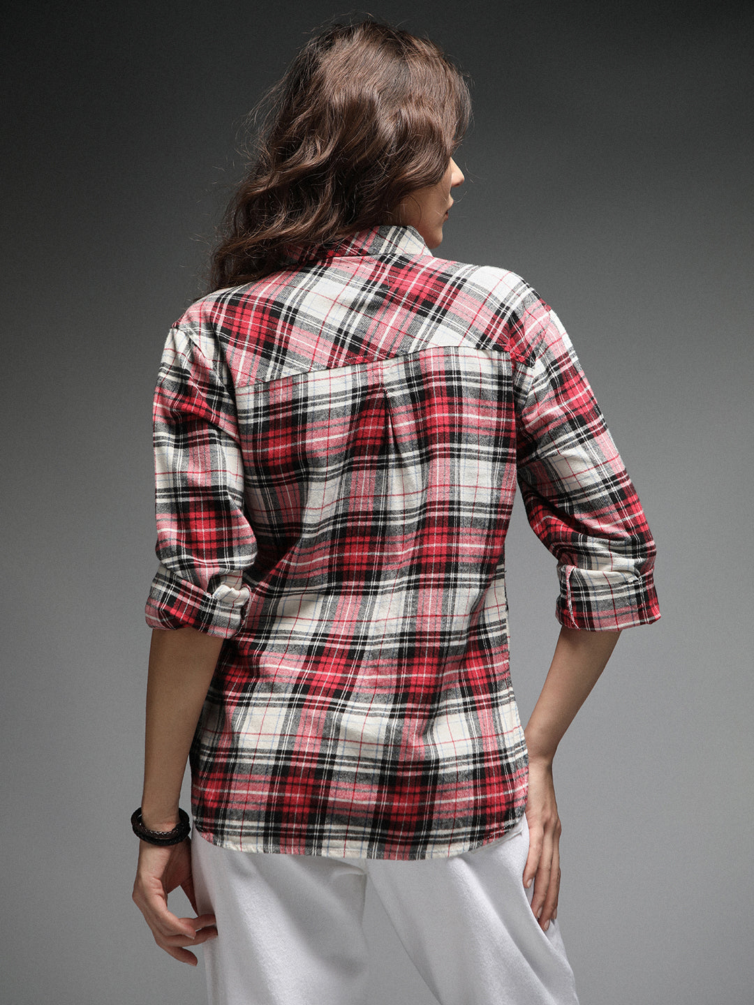 Standard Tartan Checks Spread Collar Long Sleeves Cotton Casual Shirt