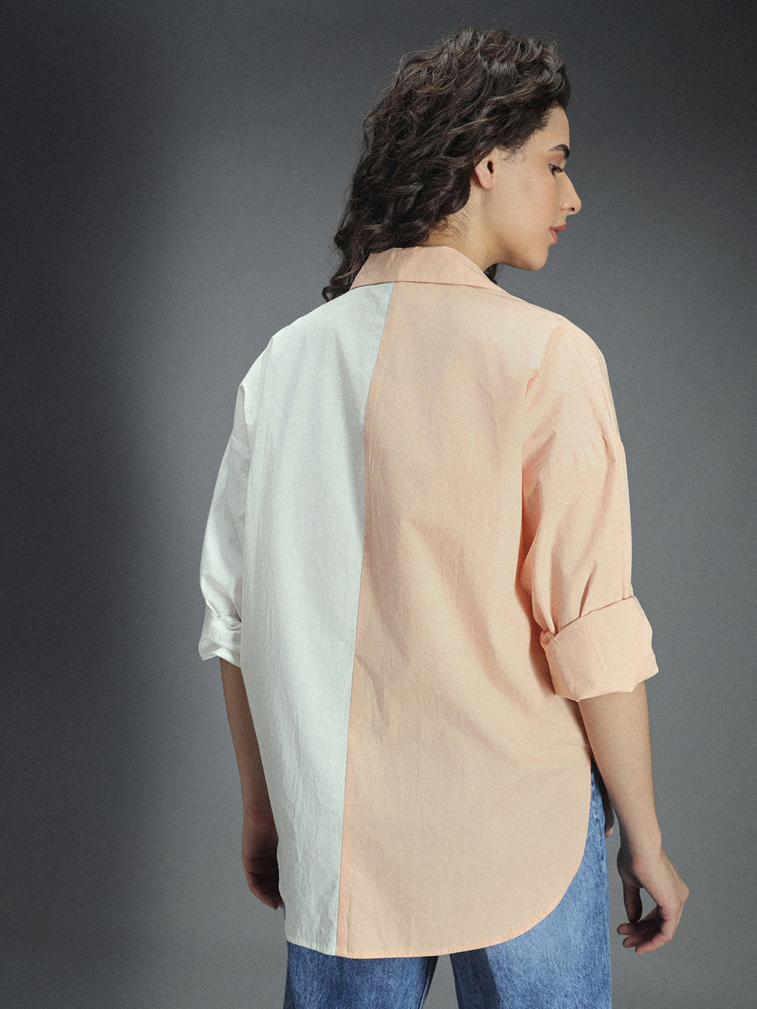 Classic Oversized Colourblocked Spread Collar Long Sleeves Cotton Casual Shirt