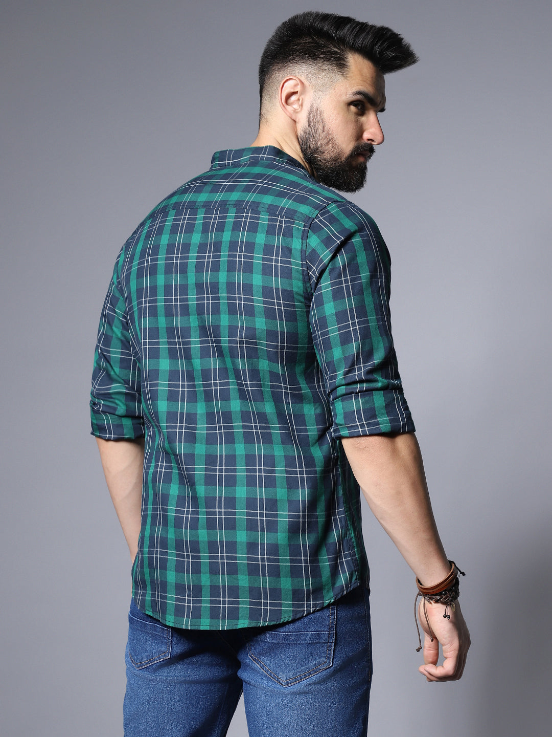 Grid Tattersall Checked Cotton Spread Collar Opaque Cotton Casual Shirt