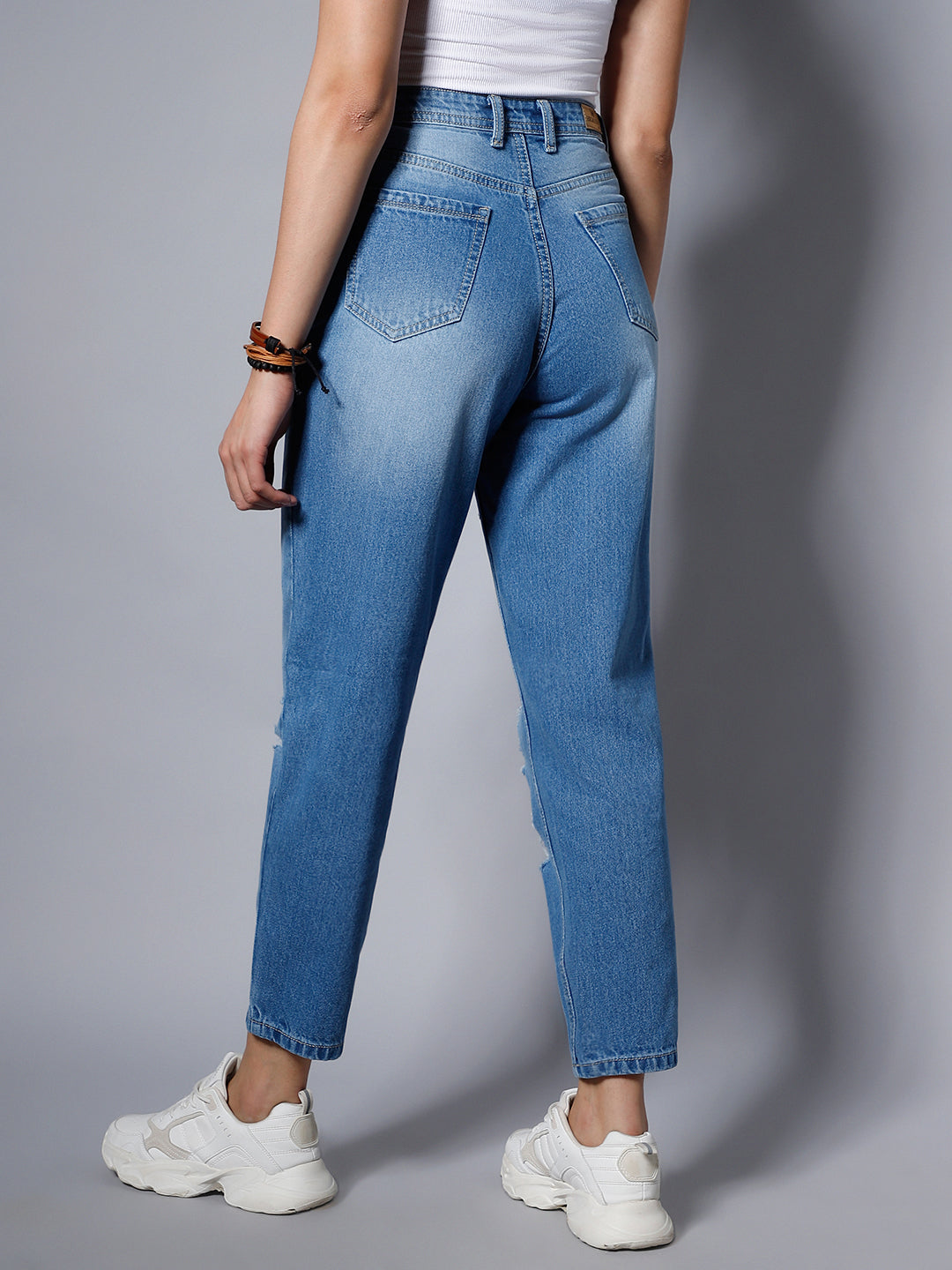 Women Blue High-Rise Slash Knee Light Fade Jeans