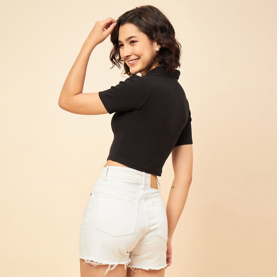 Black Shirt Collar Short Sleeves Self-design Pure Cotton Crop Fitted Top