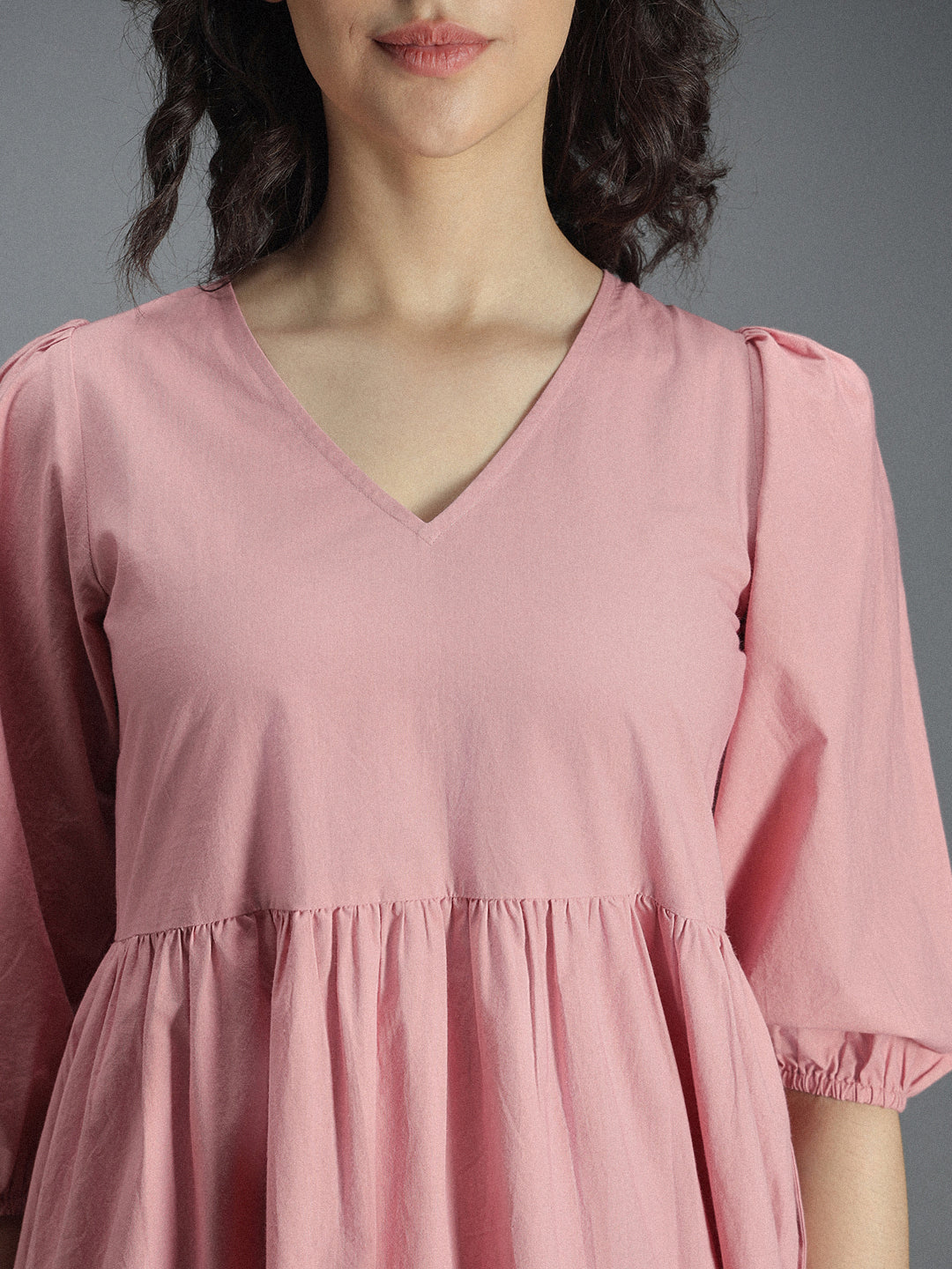 V-Neck Puff Sleeve Gathered Tiered Cotton A-Line Midi Dress