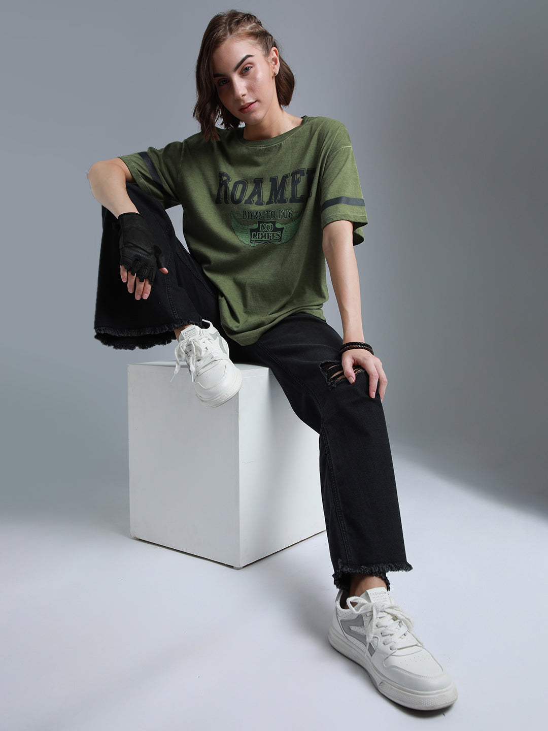 Typography Printed Round Neck Short Sleeves Cotton Oversized T-shirt