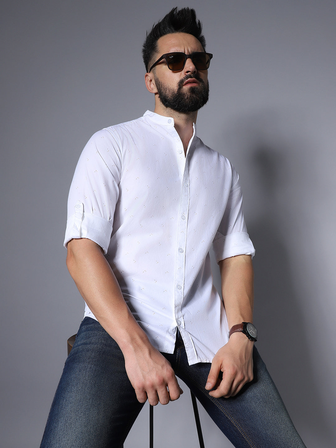 Classic Band Collar Roll-Up Sleeves Casual Pure Cotton Shirt