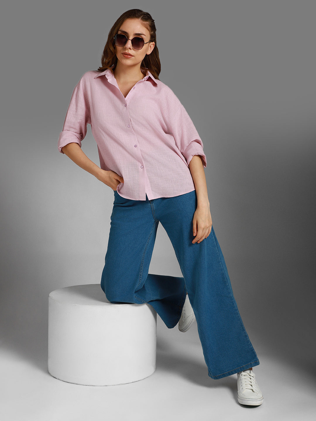 Classic Boxy Spread Collar Long Sleeves Cotton Casual Shirt