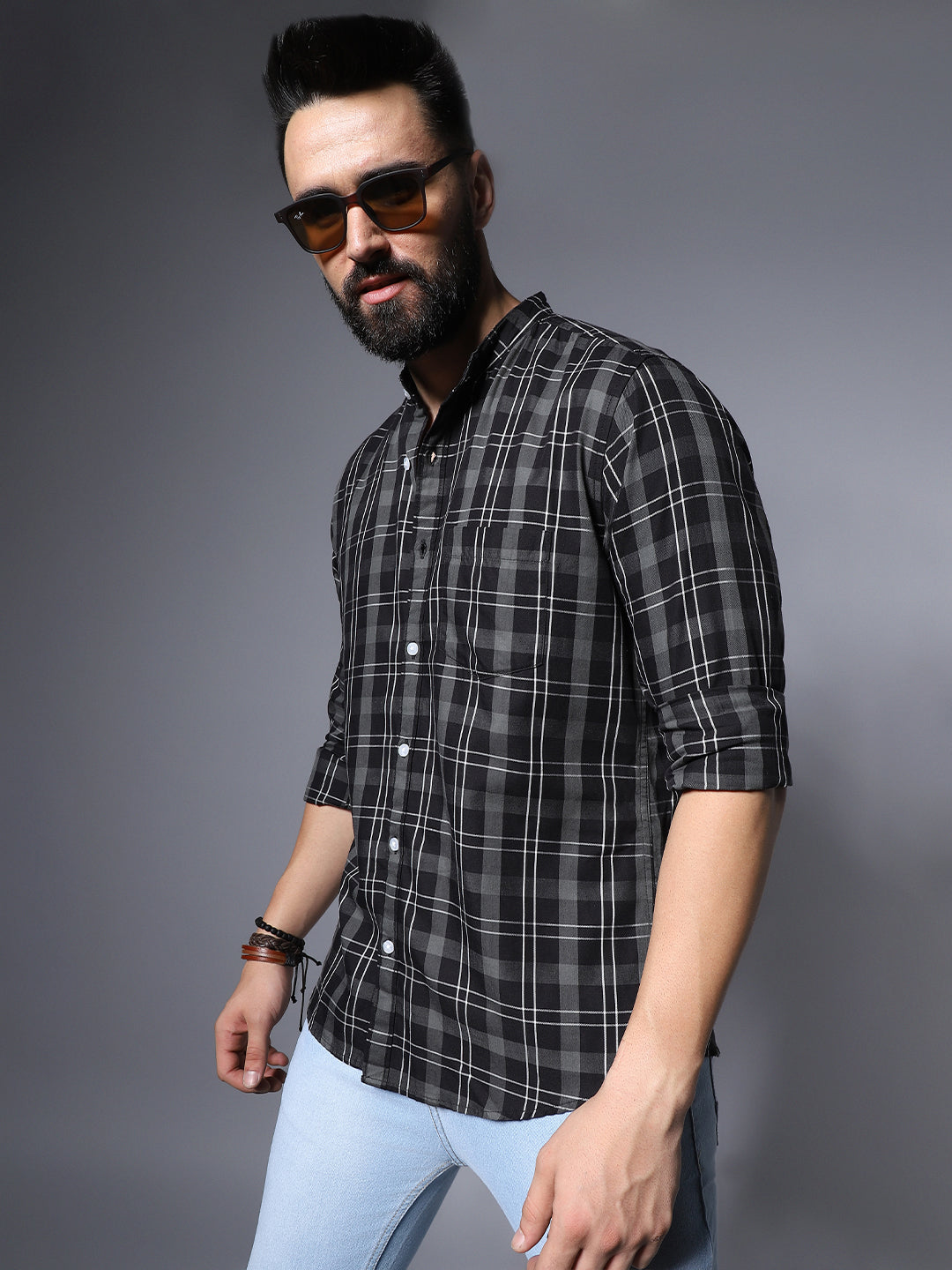 Checked Spread Collar Cotton Casual Shirt