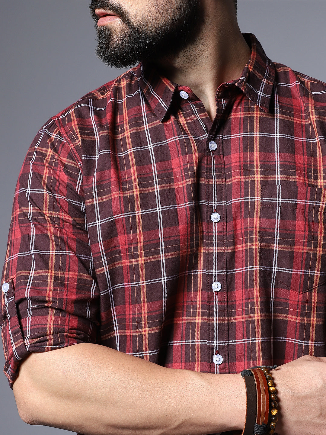 Classic Checked Roll-Up Sleeves Casual Pure Cotton Shirt