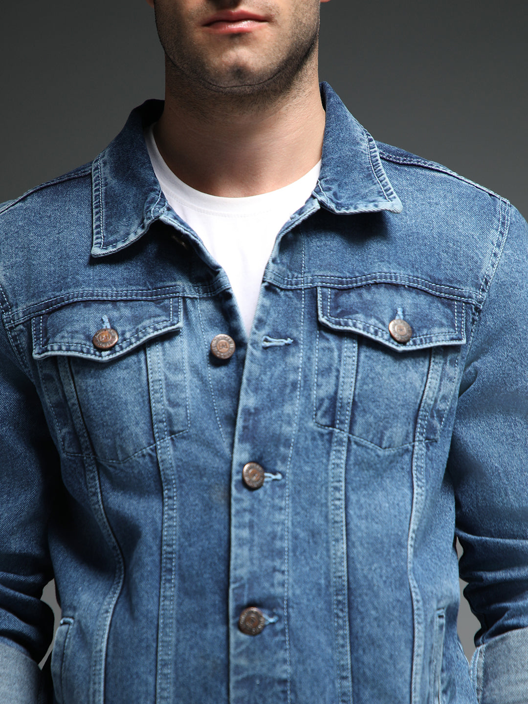 Washed Spread Collar Long Sleeves Cotton Denim Jacket