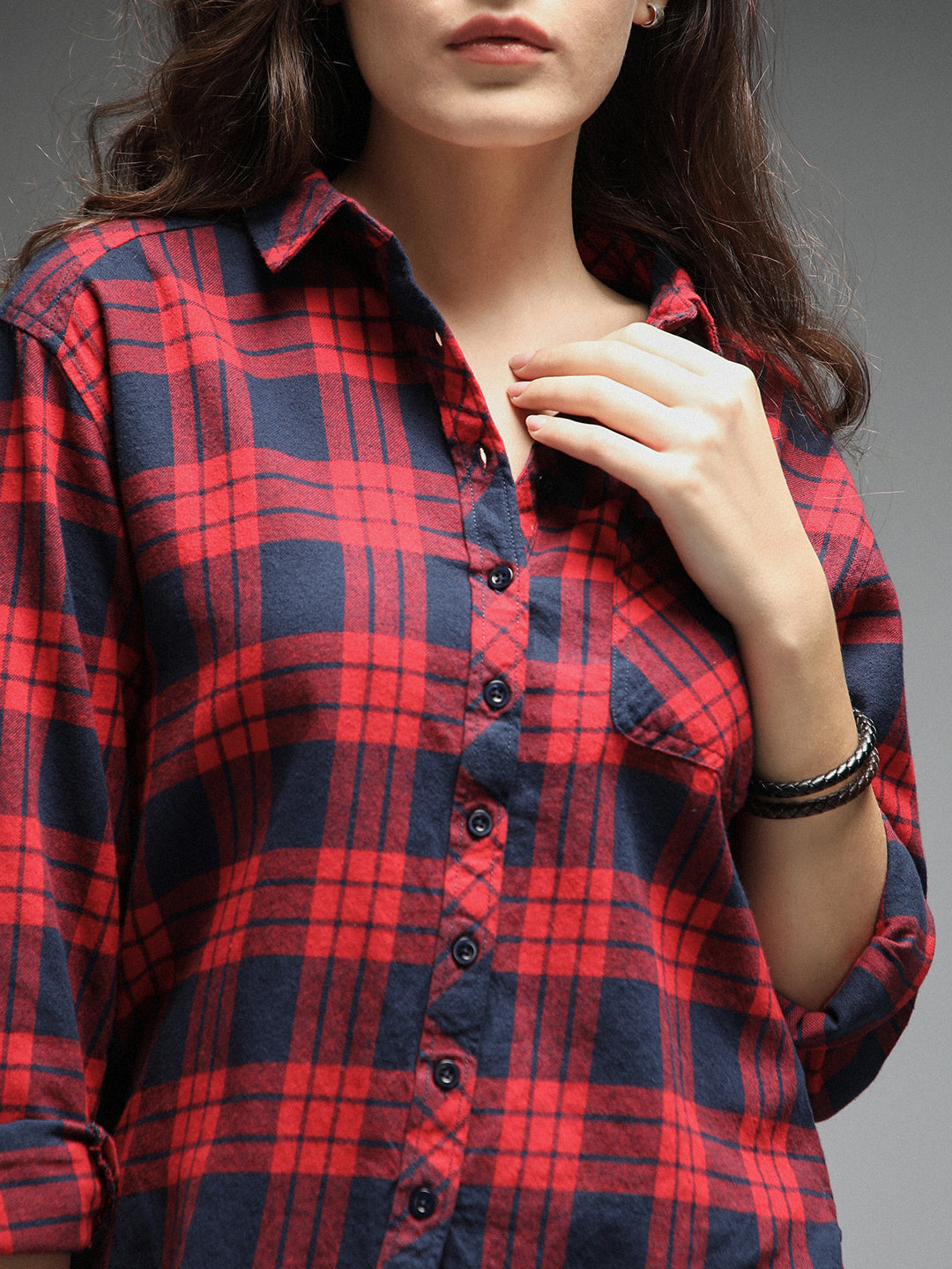 Standard Tartan Checks Spread Collar Long Sleeves Cotton Casual Shirt