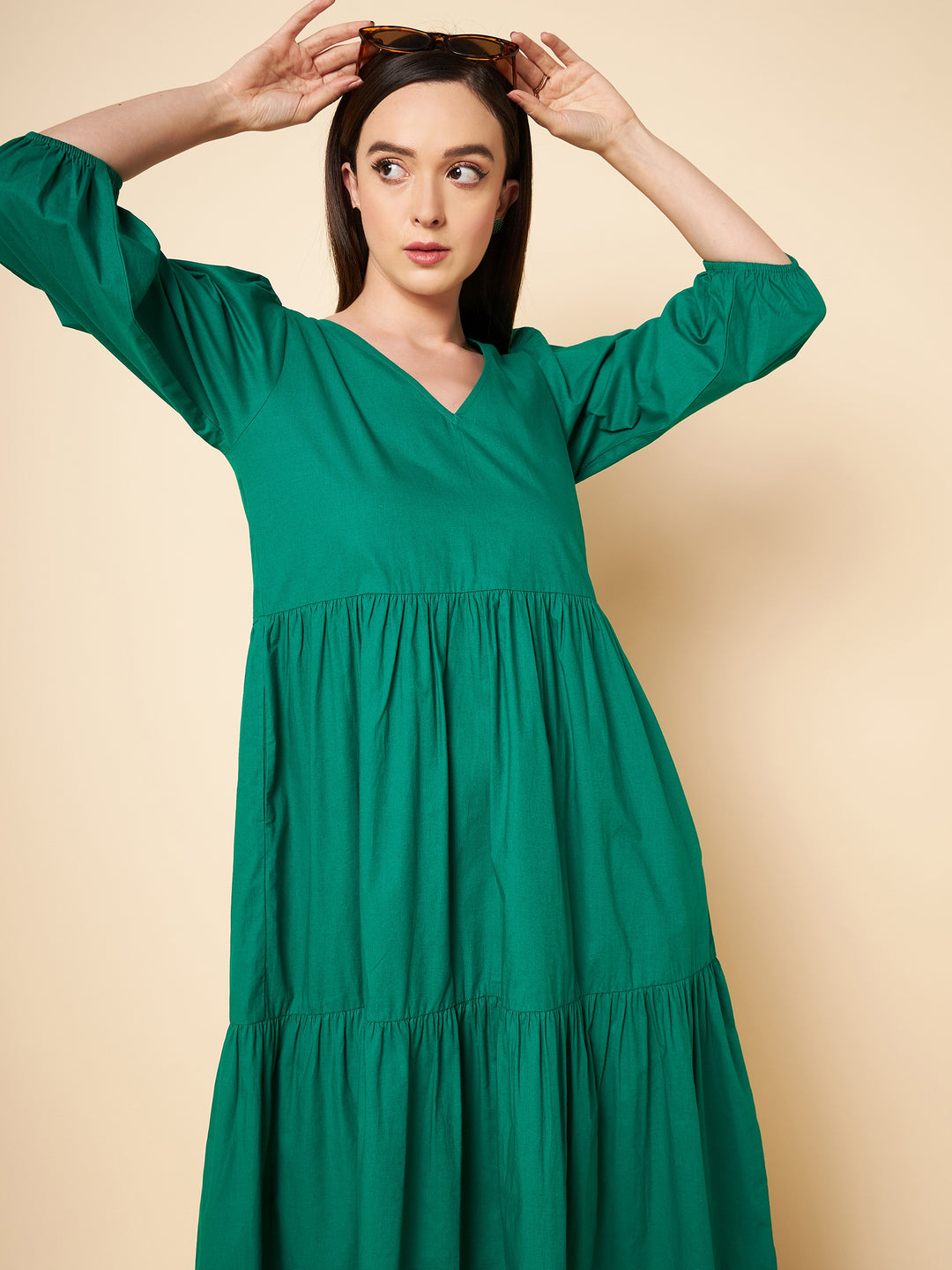 V-Neck Puff Sleeve Tiered Pure Cotton A-Line Midi Dress