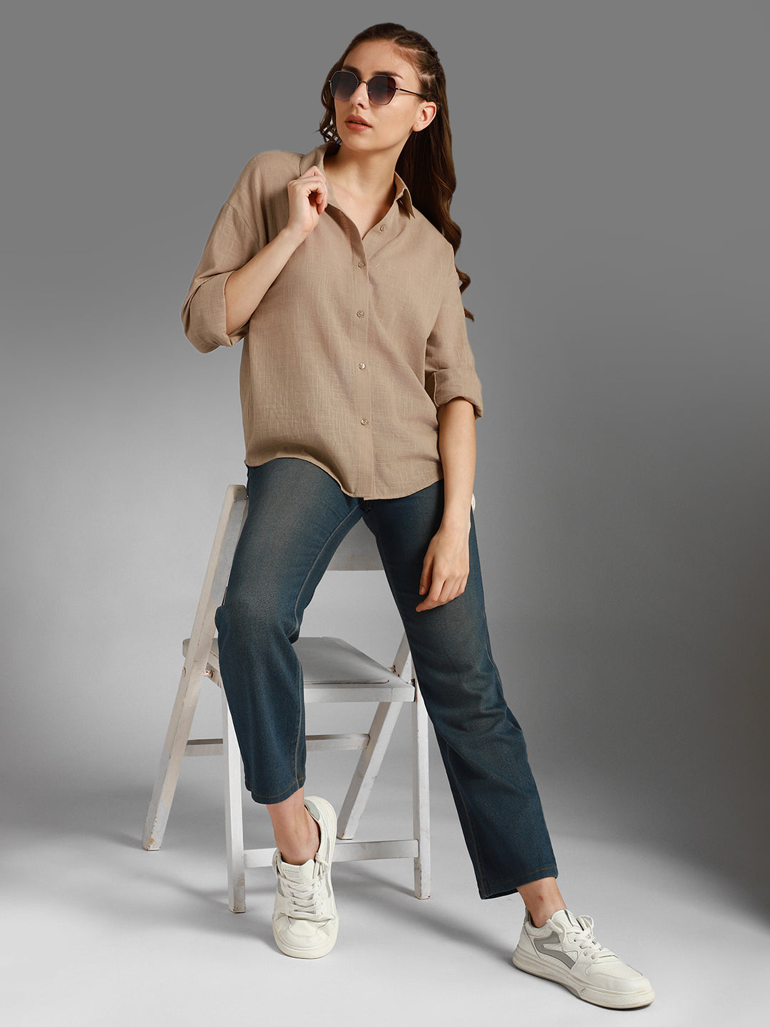 Classic Boxy Spread Collar Long Sleeves Cotton Casual Shirt