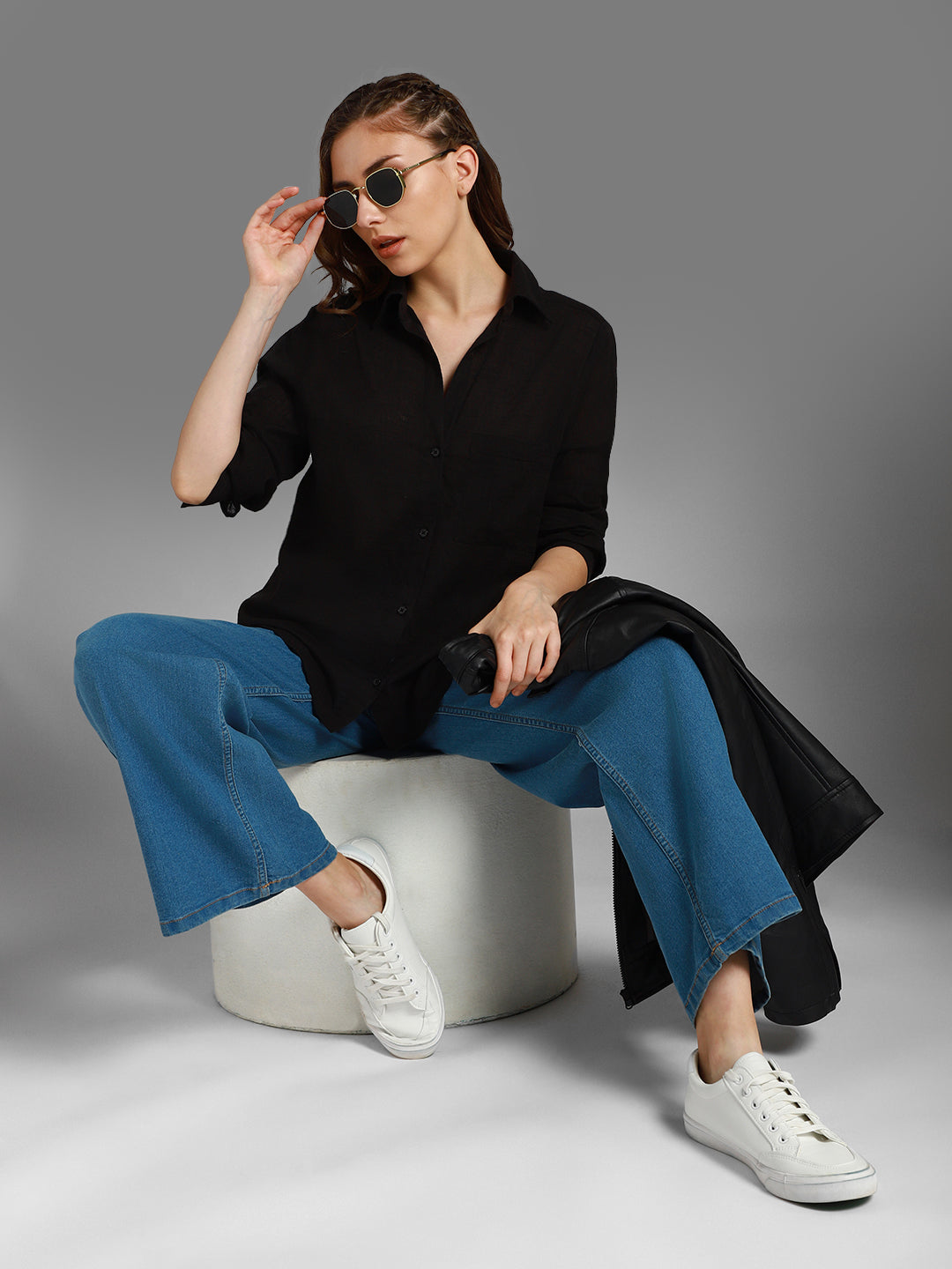 Classic Oversized Spread Collar Long Sleeves Cotton Casual Shirt