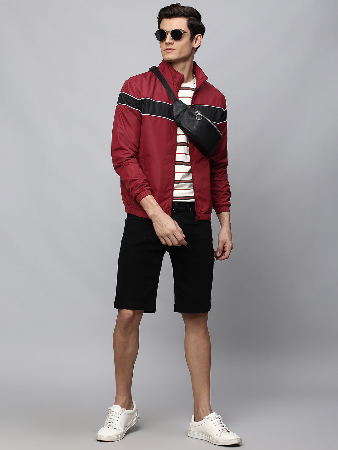 Men Regular Fit Striped Stand Collar Jacket