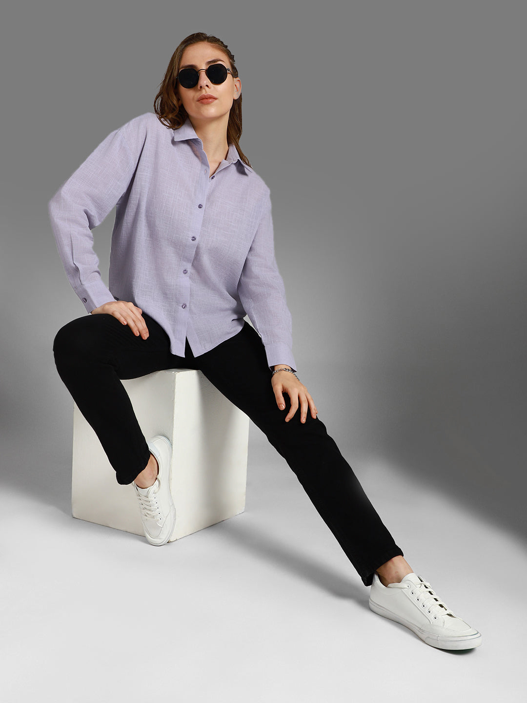 Classic Boxy Spread Collar Long Sleeves Cotton Casual Shirt