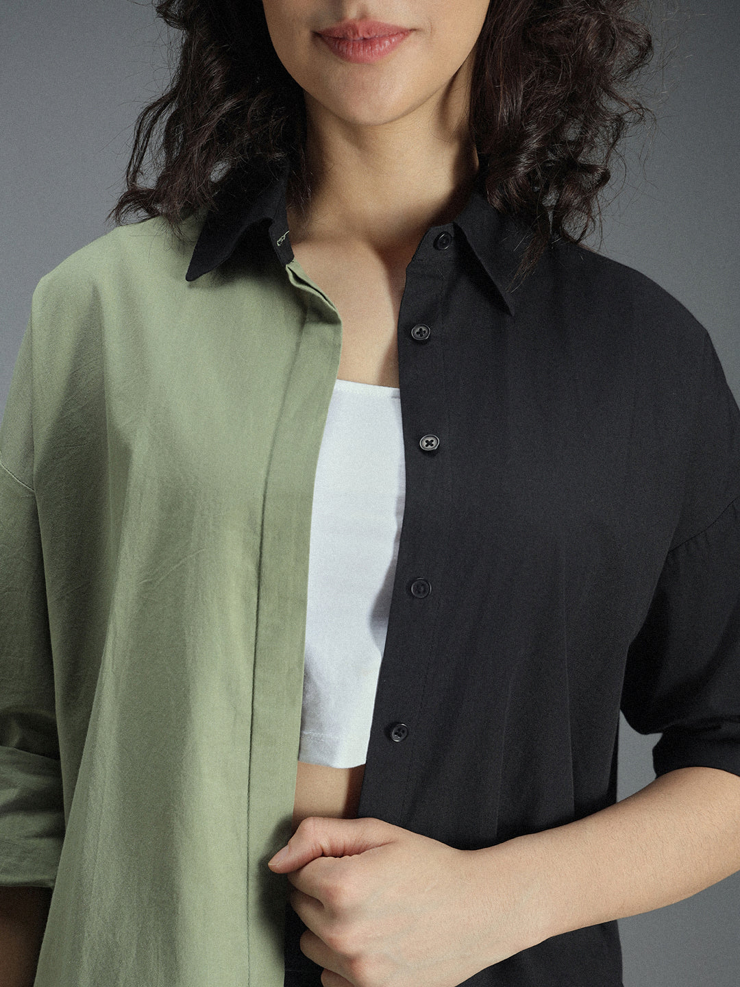 Classic Oversized Colourblocked Spread Collar Long Sleeves Cotton Casual Shirt