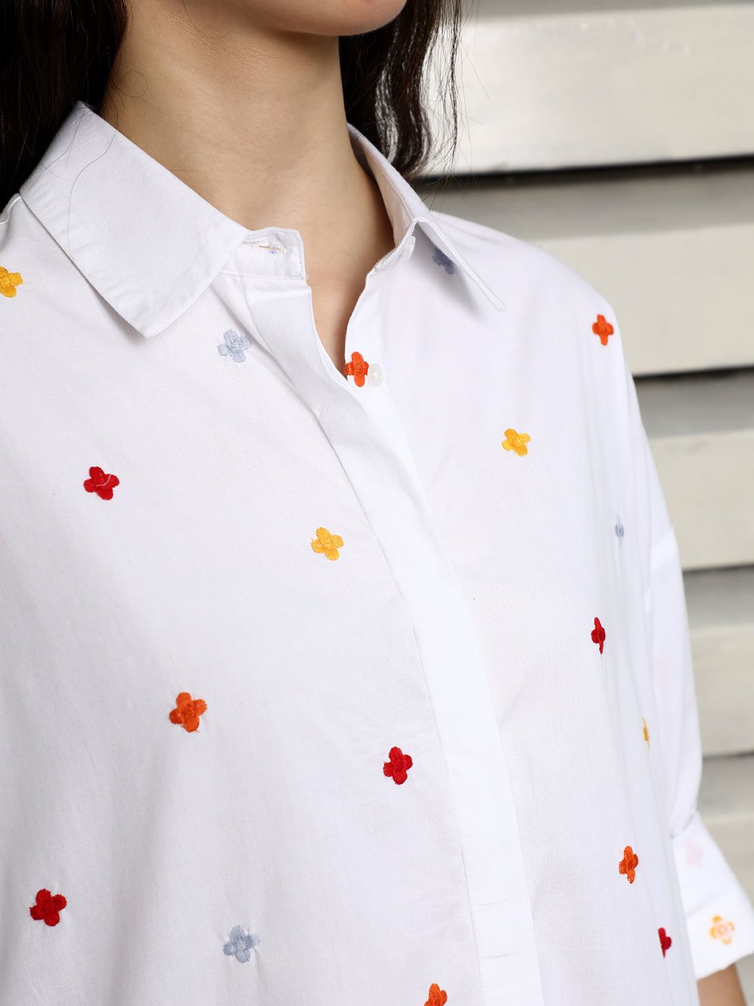 Classic Embroidered Drop Shoulder Sleeves Cotton Oversized Casual Shirt