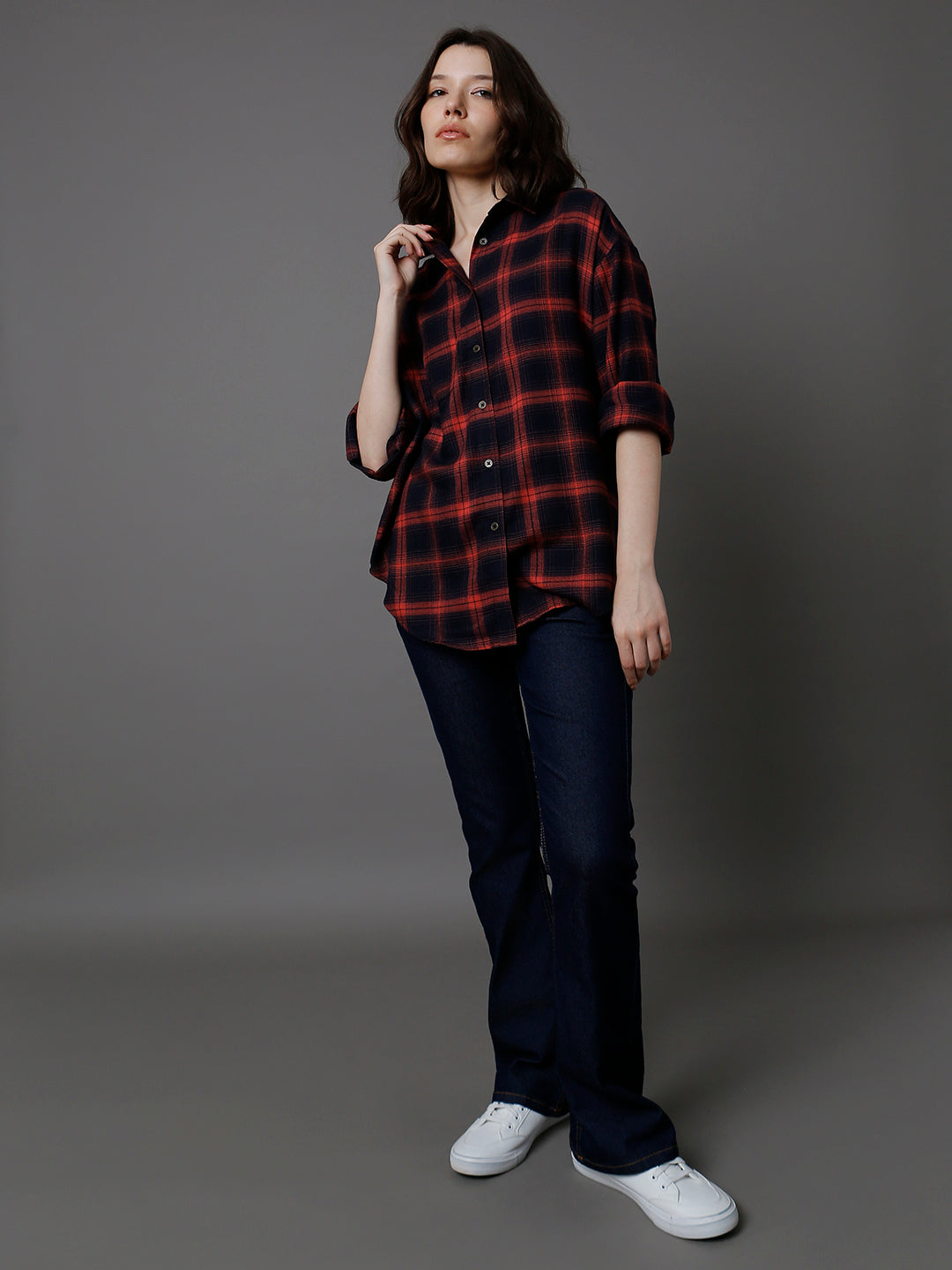 Classic Oversized Tartan Checks Spread Collar Long Sleeve Cotton Casual Shirt