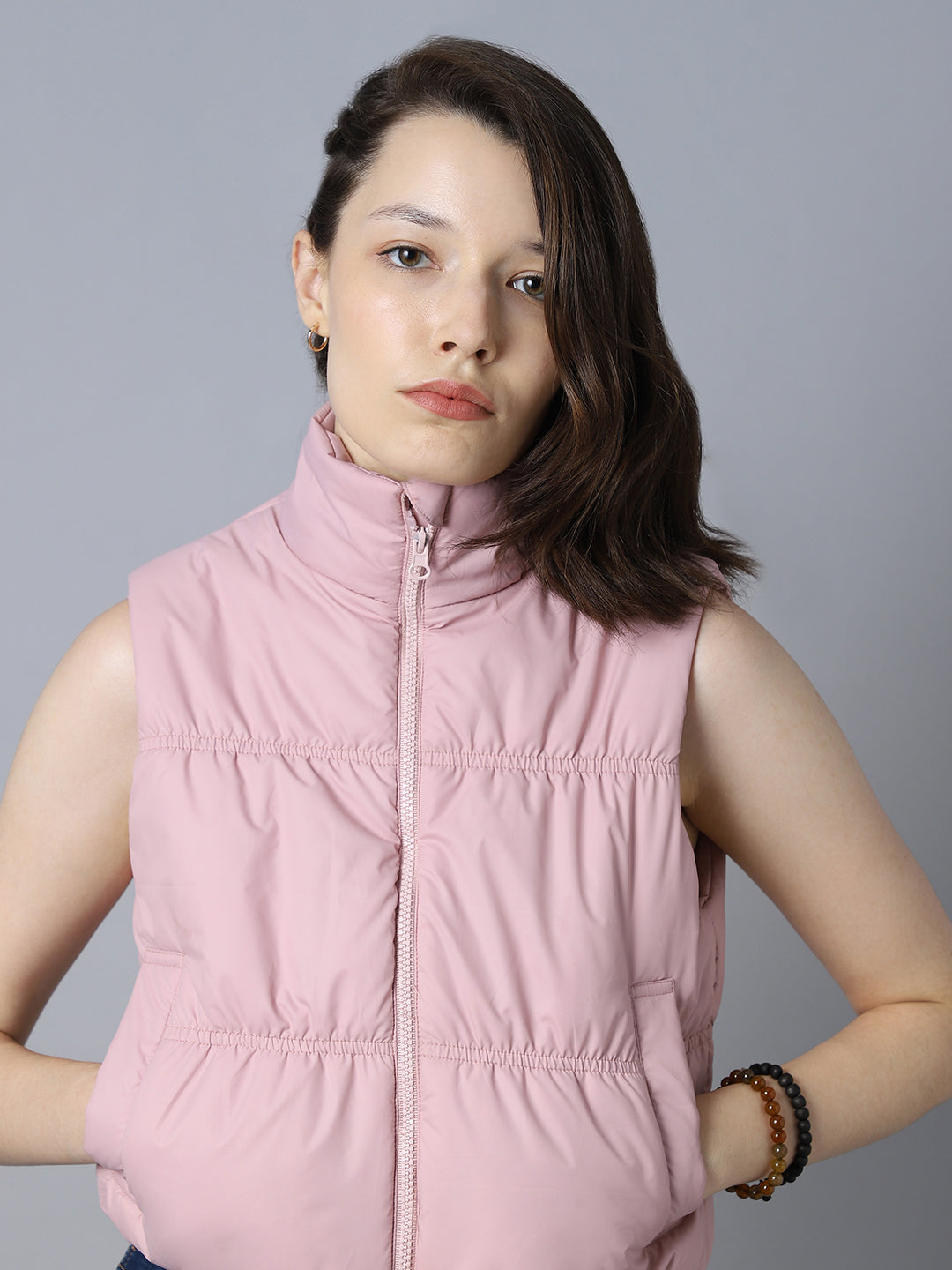 Mock Collar Sleeveless Crop Padded Jacket