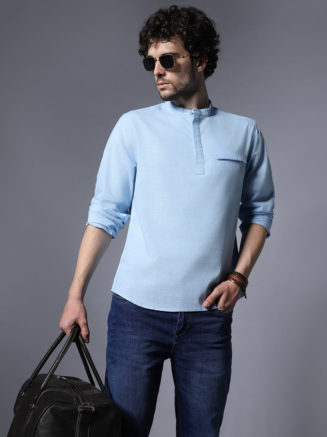 Classic Mandarin Collar Roll-Up Sleeves Pure Cotton Casual Shirt