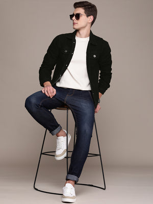 Men Black Solid Denim Jacket