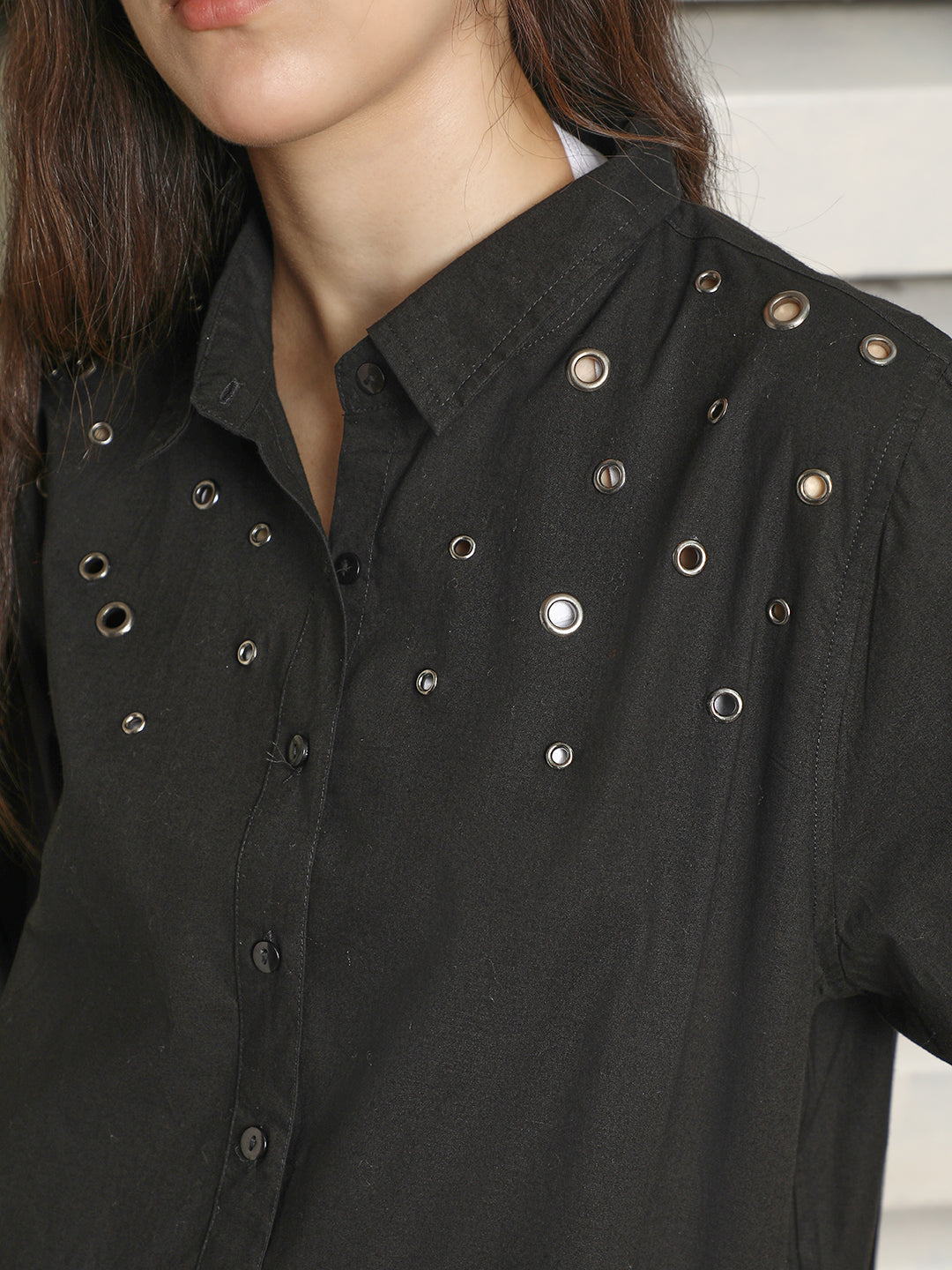 Classic Spread Collar with eyelets Oversized Cotton Casual Shirt