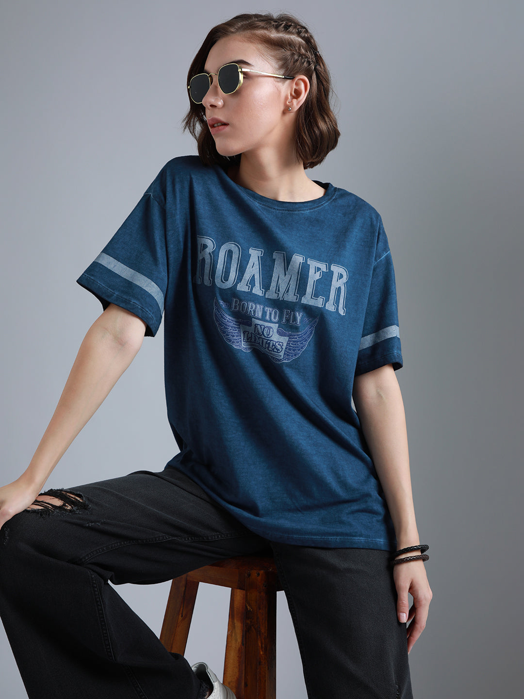 Typography Printed Round Neck Short Sleeves Cotton Oversized T-shirt