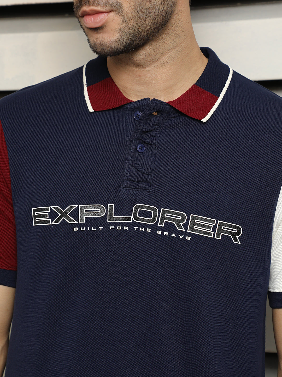 Men Polo Collar Typographic color blocked cotton T-shirt