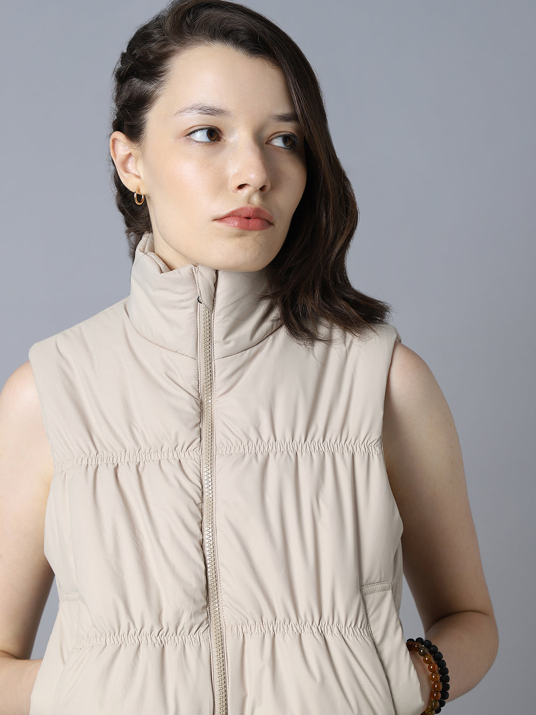 Mock Collar Sleeveless Crop Padded Jacket