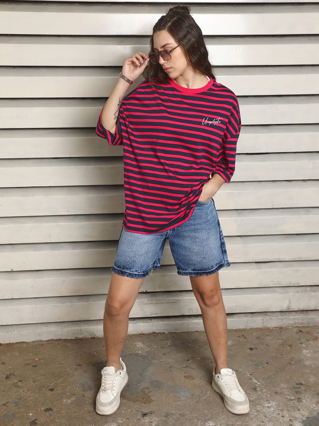 Striped Round Neck Drop-Shoulder Sleeves Cotton Oversized T-shirt