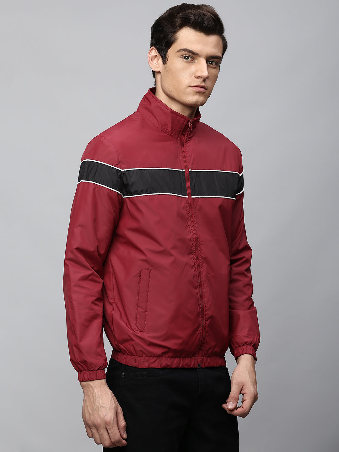 Men Regular Fit Striped Stand Collar Jacket