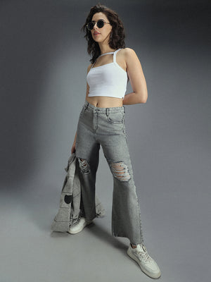 Women 90s Baggy Elasticated waist Band Distress Cotton Jeans