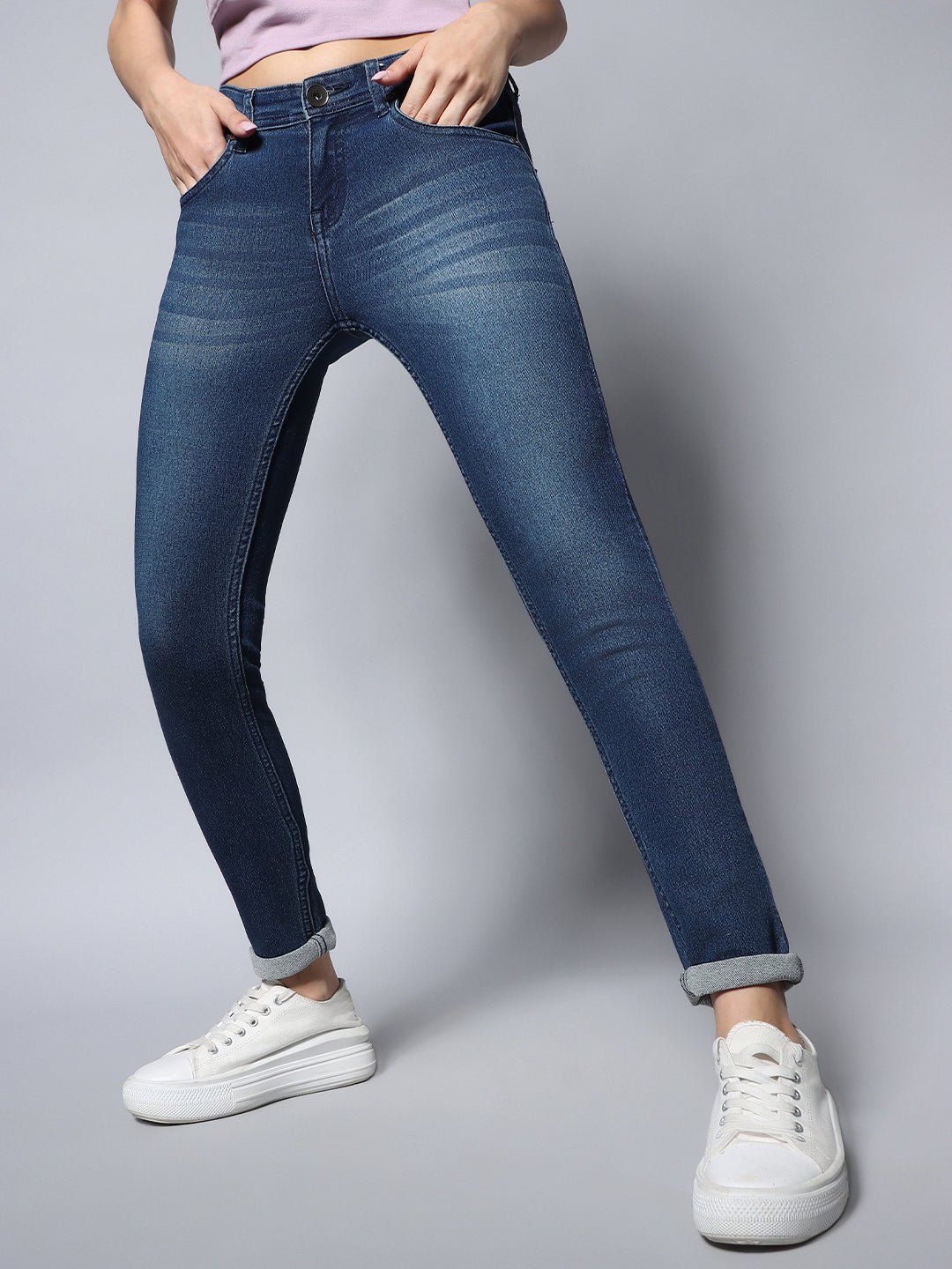 Women Stretch Straight Fit Heavy Faded Jeans