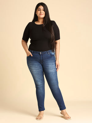 Women Plus Size Blue Slim Fit Heavy Fade Stretchable Jeans