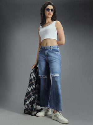 Women 90s Baggy Elasticated Waist Band Distress Cotton Jeans