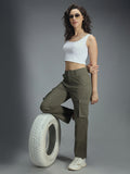 Women Relaxed Straight Fit High-Rise Plain Cargos Trousers