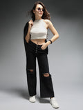 Women Wide Leg High-Rise Slash Knee Cotton Jeans