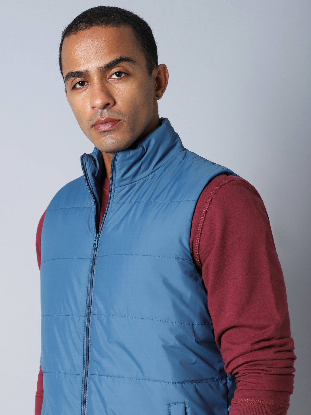 Men Blue Colourblocked Outdoor Bomber Jacket