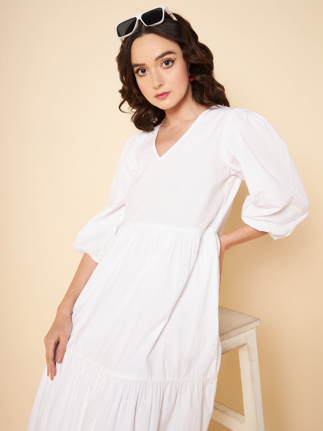 Puff Sleeves Tiered Pure Cotton Fit  Flare Midi Dress