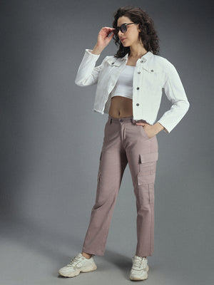 Women Relaxed Straight Leg High-Rise Plain Cargos Trousers