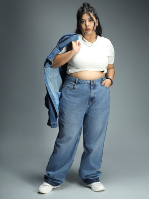 Women Plus Size 90s Straight High-Rise Pure Cotton Jeans