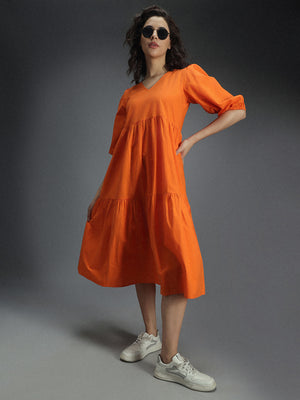 V-Neck Puff Sleeve Gathered Tiered Cotton A-Line Midi Dress