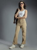 Women Relaxed Straight Fit High-Rise Plain Cargos Trousers