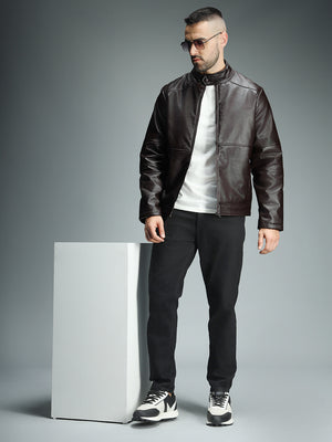 Men Brown Band Collar Biker Jacket