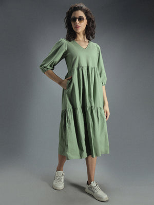 V-Neck Puff Sleeve Gathered Tiered Cotton A-Line Midi Dress