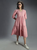 V-Neck Puff Sleeve Gathered Tiered Cotton A-Line Midi Dress