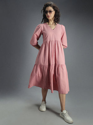 V-Neck Puff Sleeve Gathered Tiered Cotton A-Line Midi Dress