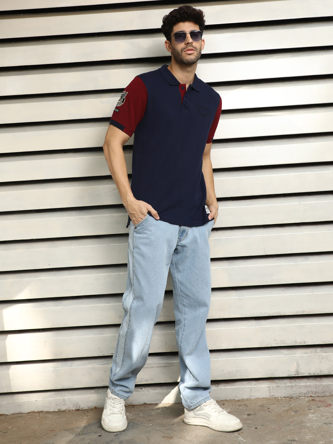 Men Polo Collar Applique Colorblocked Cotton T-shirt