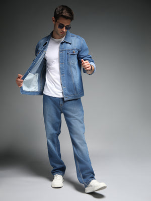 Washed Spread Collar Long Sleeves Denim Jacket