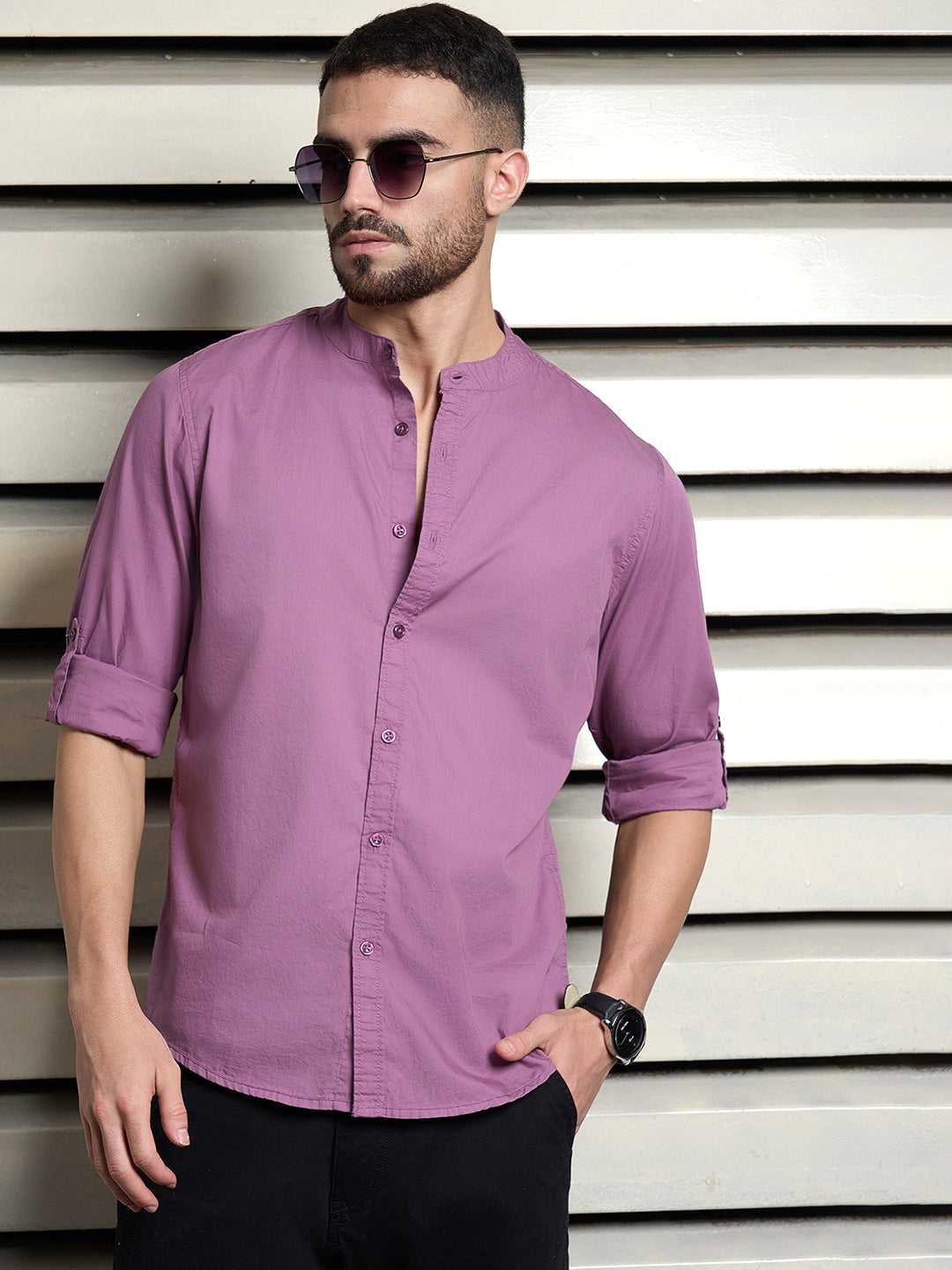 Men Cotton Mandarin Collar Long Sleeves Regular Fit Casual Shirt